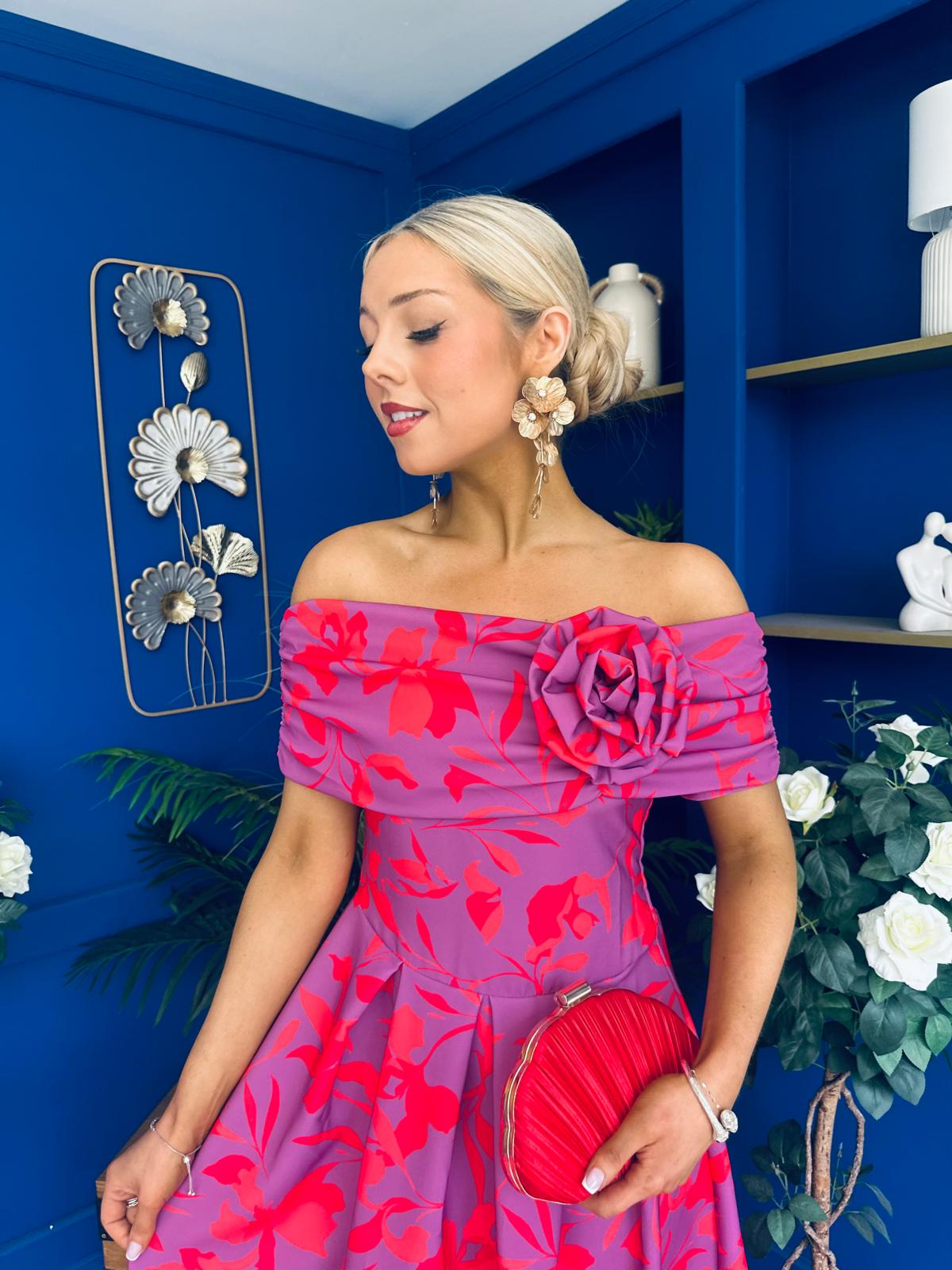 Willow Detailed Bardot Midi Dress Floral Violet