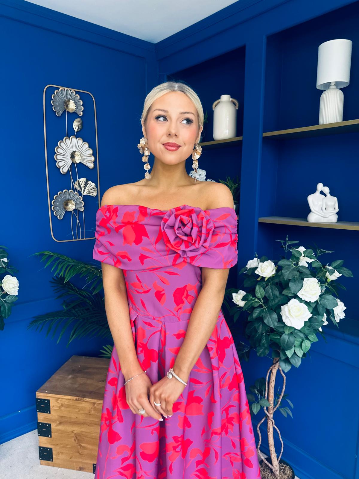 Willow Detailed Bardot Midi Dress Floral Violet