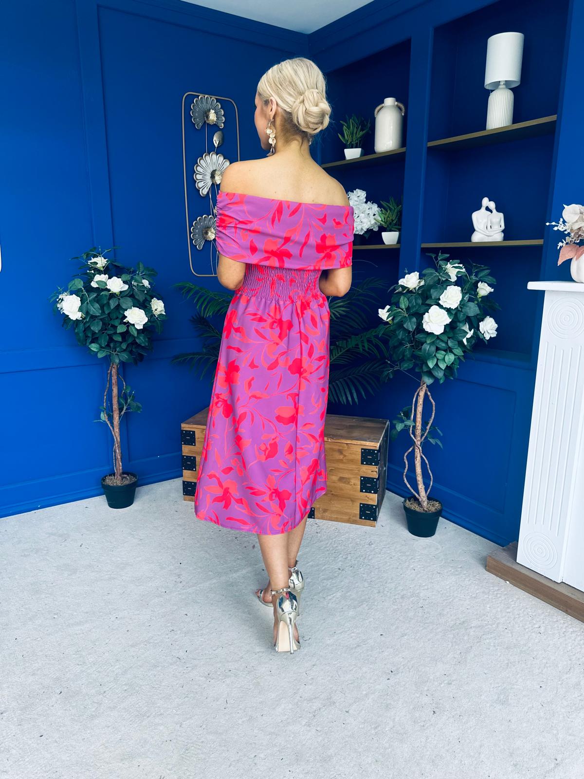 Willow Detailed Bardot Midi Dress Floral Violet