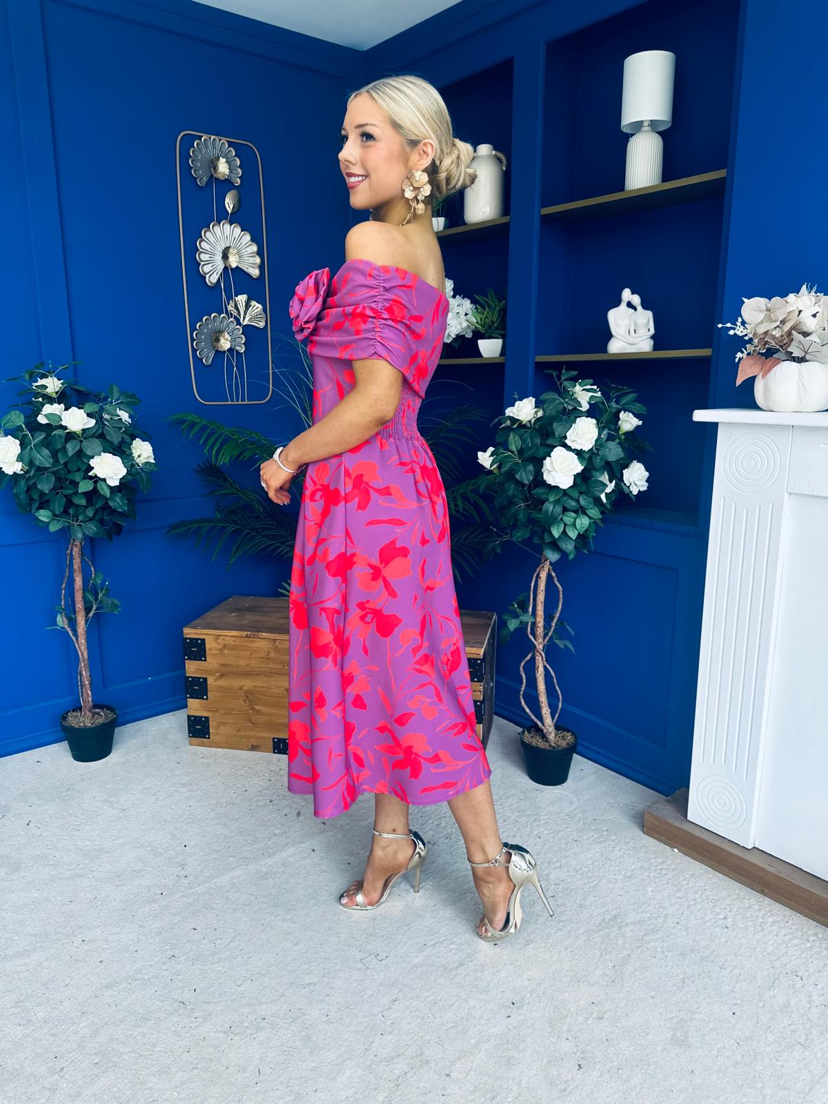 Willow Detailed Bardot Midi Dress Floral Violet