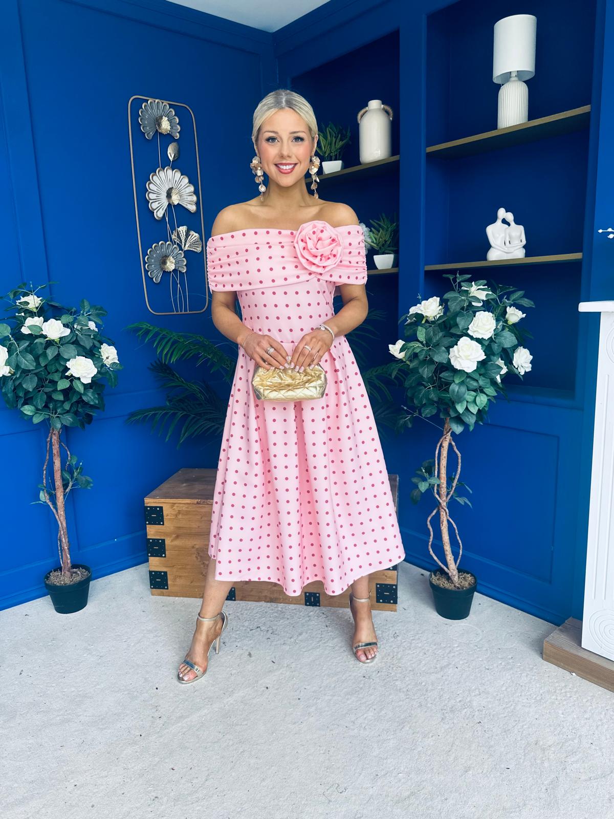 Willow Detailed Bardot Midi Dress Coral Polka Peach