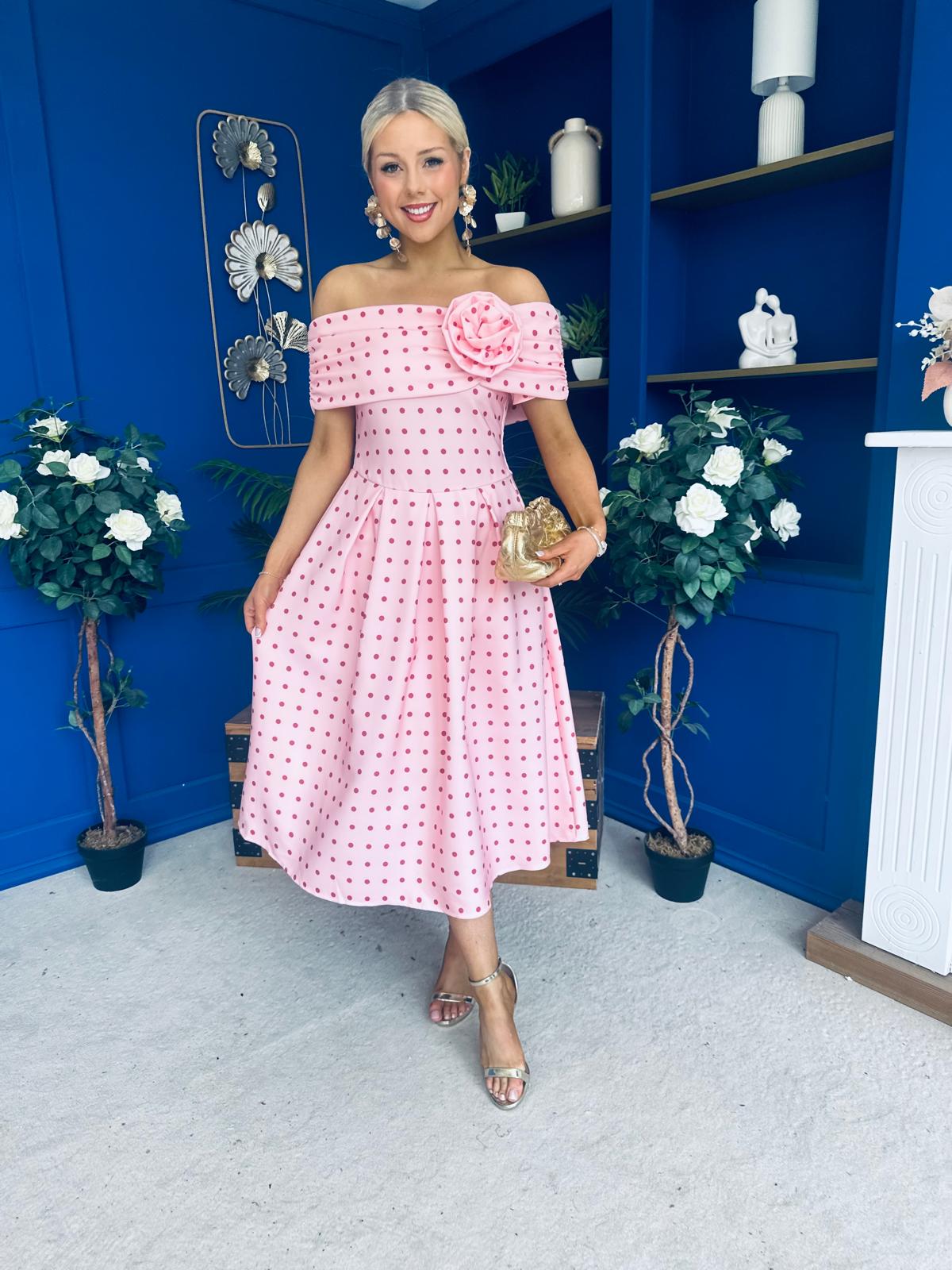 Willow Detailed Bardot Midi Dress Coral Polka Peach