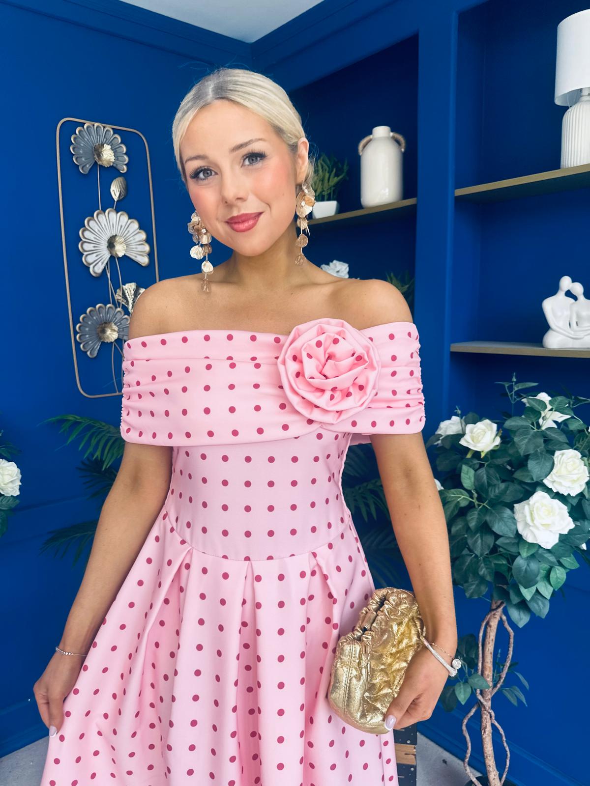 Willow Detailed Bardot Midi Dress Coral Polka Peach