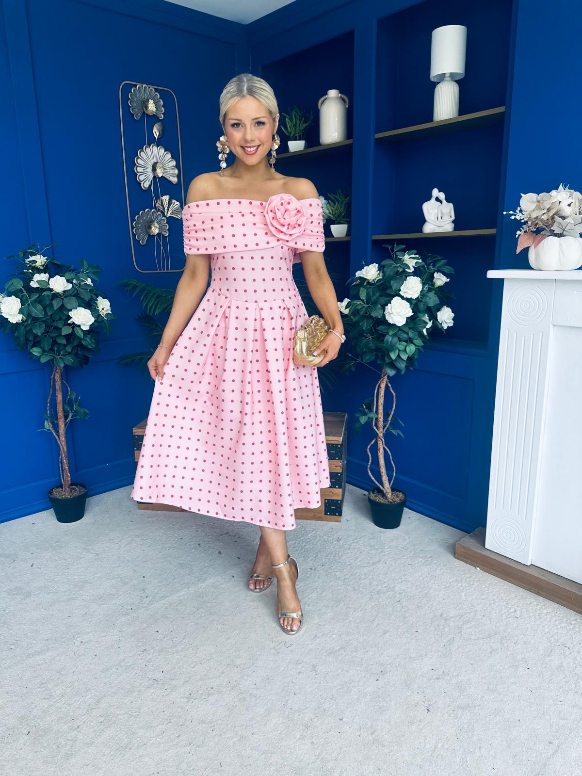 Willow Detailed Bardot Midi Dress Coral Polka Peach