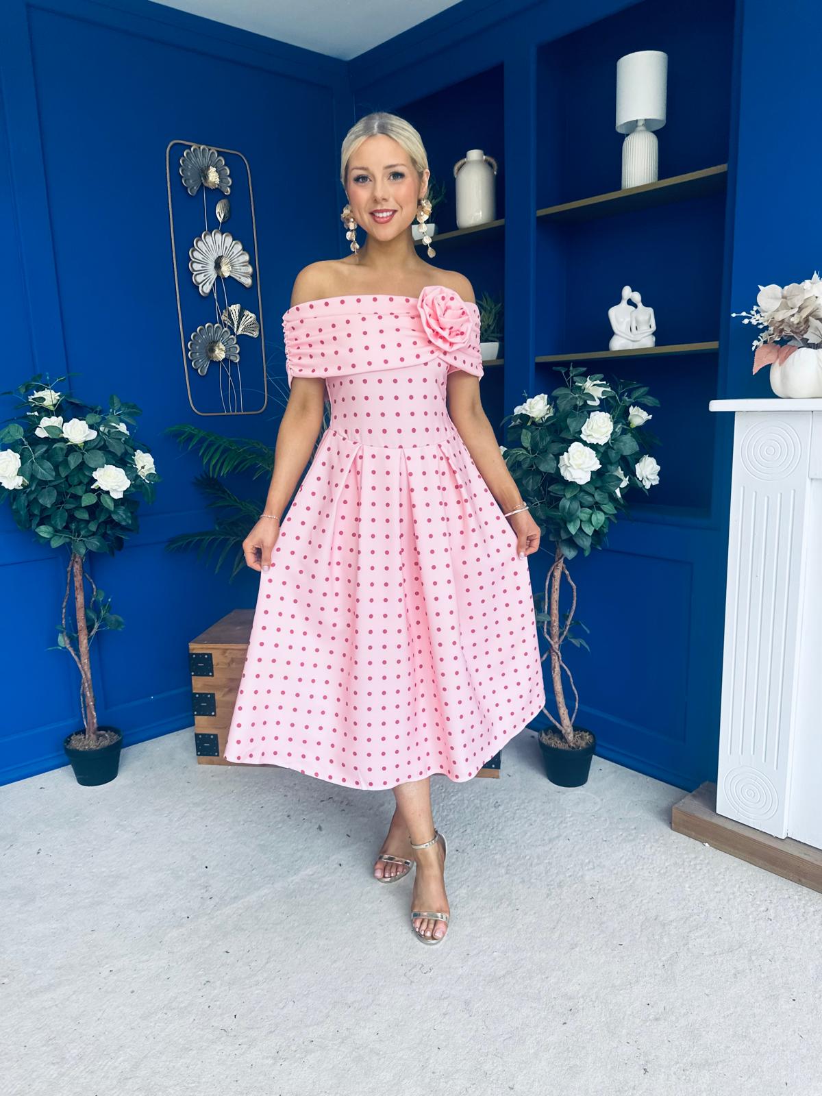 Willow Detailed Bardot Midi Dress Coral Polka Peach