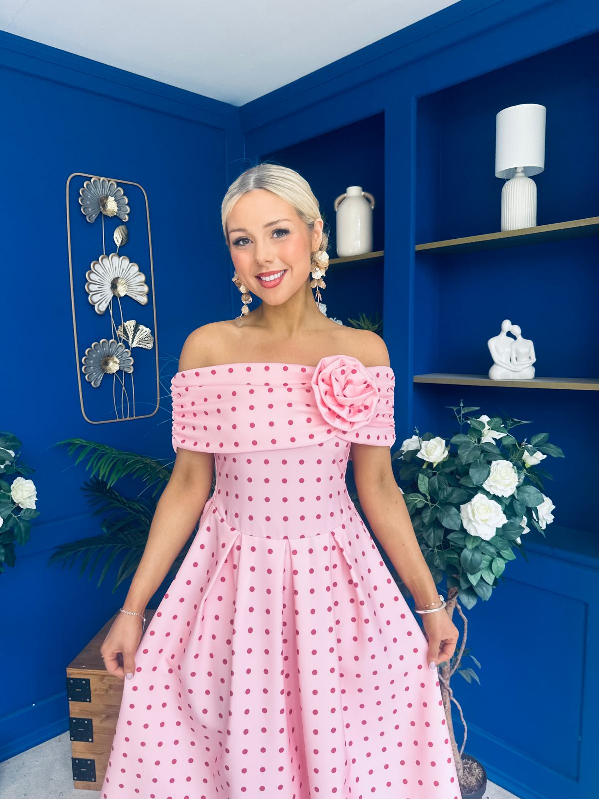 Willow Detailed Bardot Midi Dress Coral Polka Peach