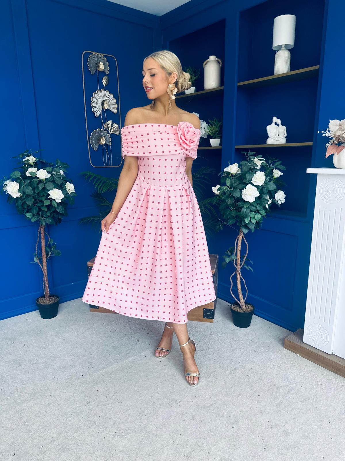 Willow Detailed Bardot Midi Dress Coral Polka Peach