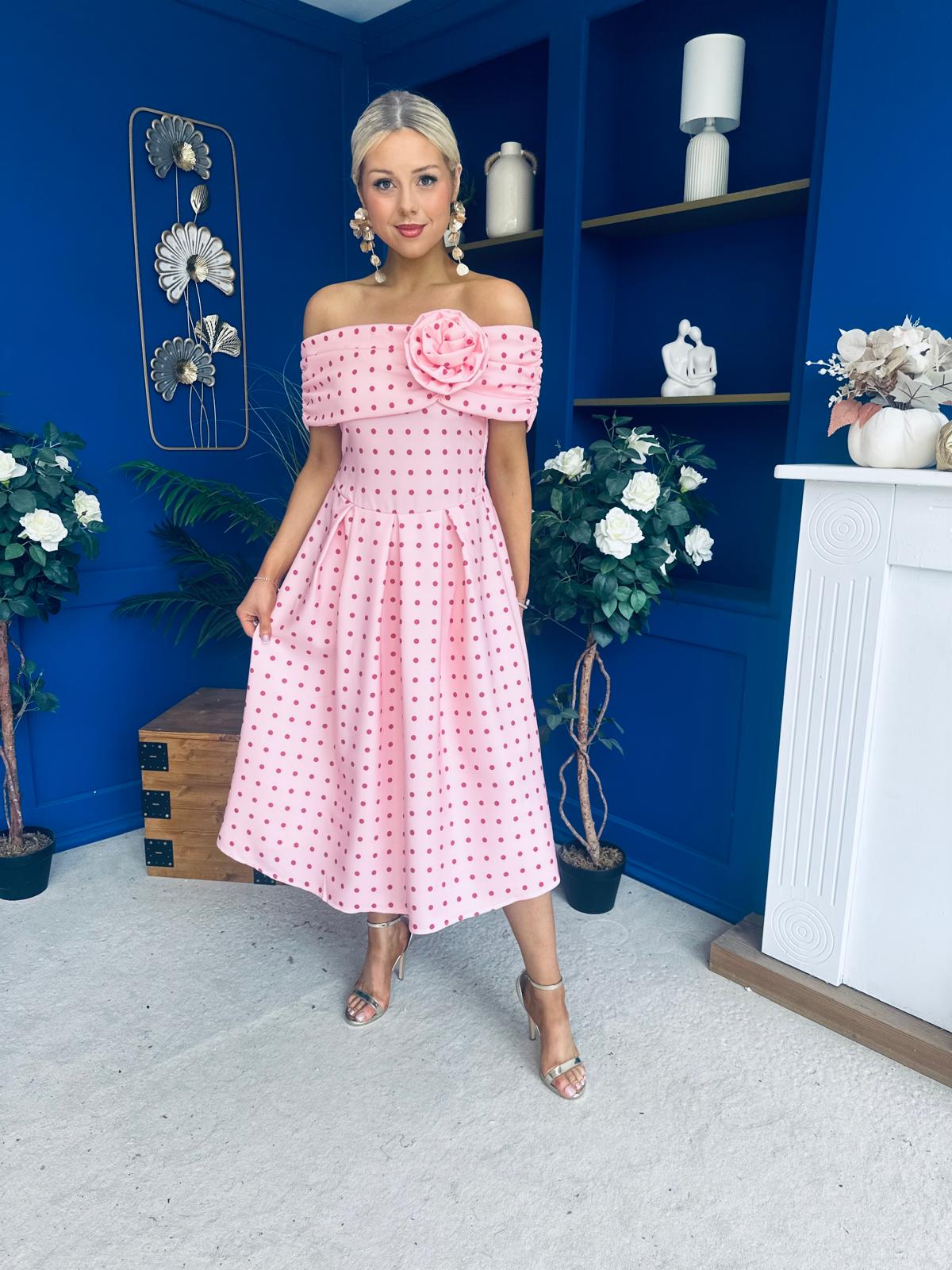 Willow Detailed Bardot Midi Dress Coral Polka Peach