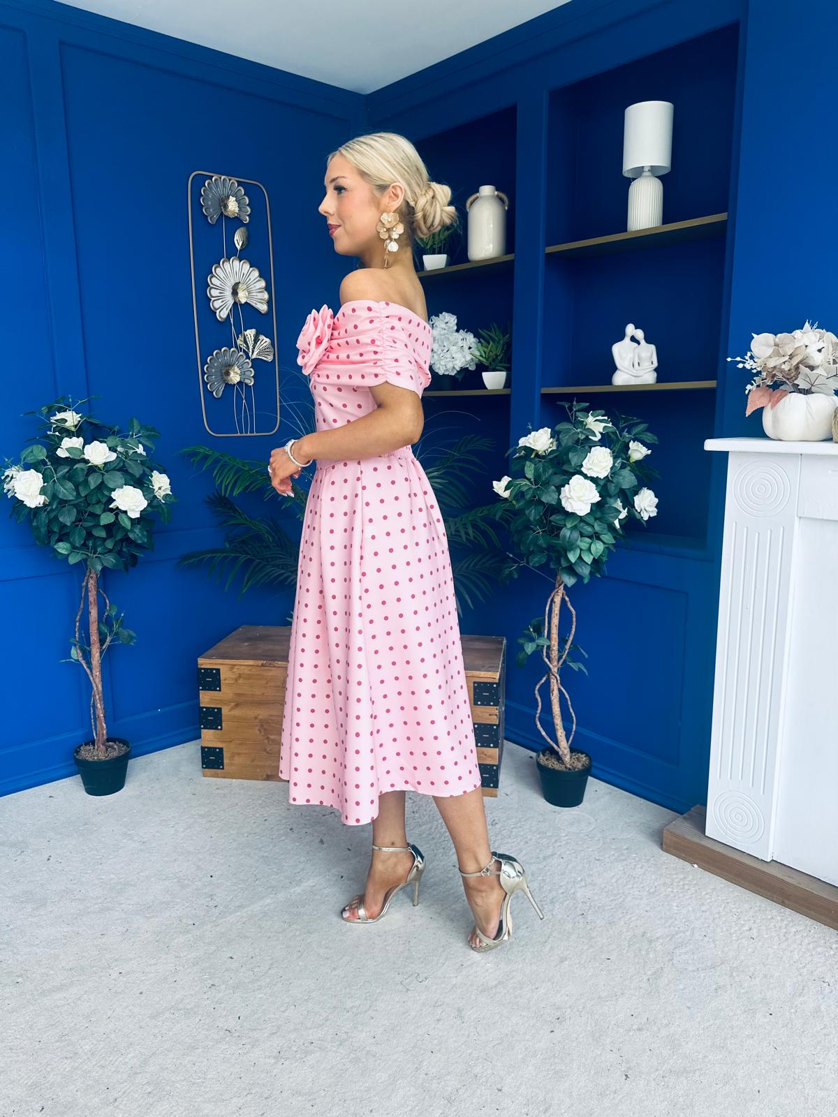 Willow Detailed Bardot Midi Dress Coral Polka Peach
