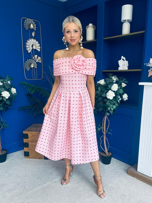 Willow Detailed Bardot Midi Dress Coral Polka Peach