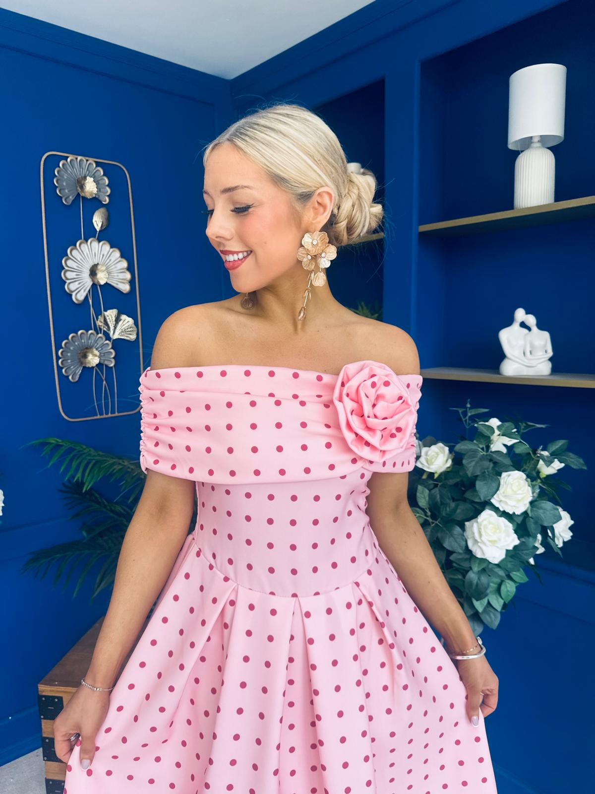 Willow Detailed Bardot Midi Dress Coral Polka Peach