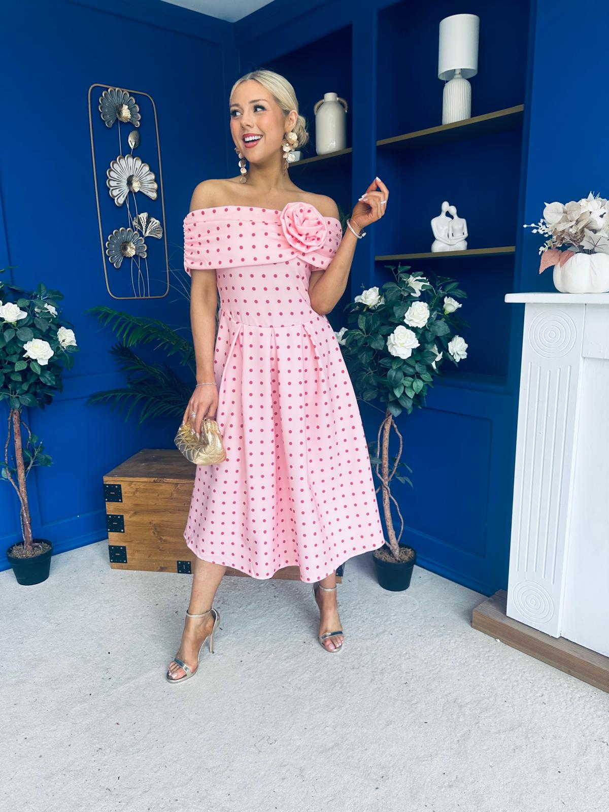 Willow Detailed Bardot Midi Dress Coral Polka Peach