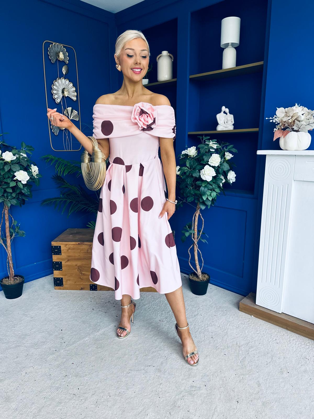 Willow Detailed Bardot Midi Dress Coco Polka Blush
