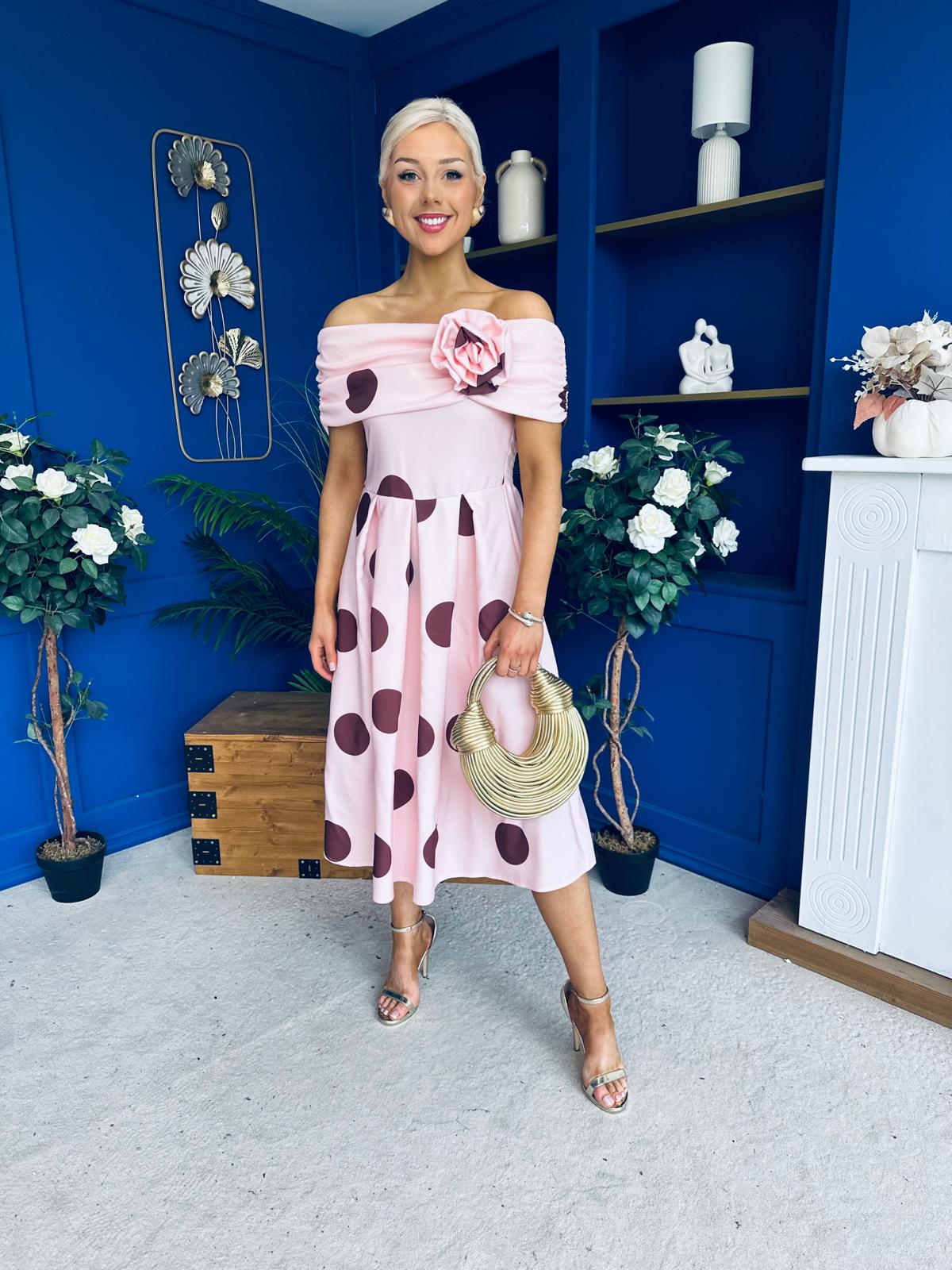Willow Detailed Bardot Midi Dress Coco Polka Blush
