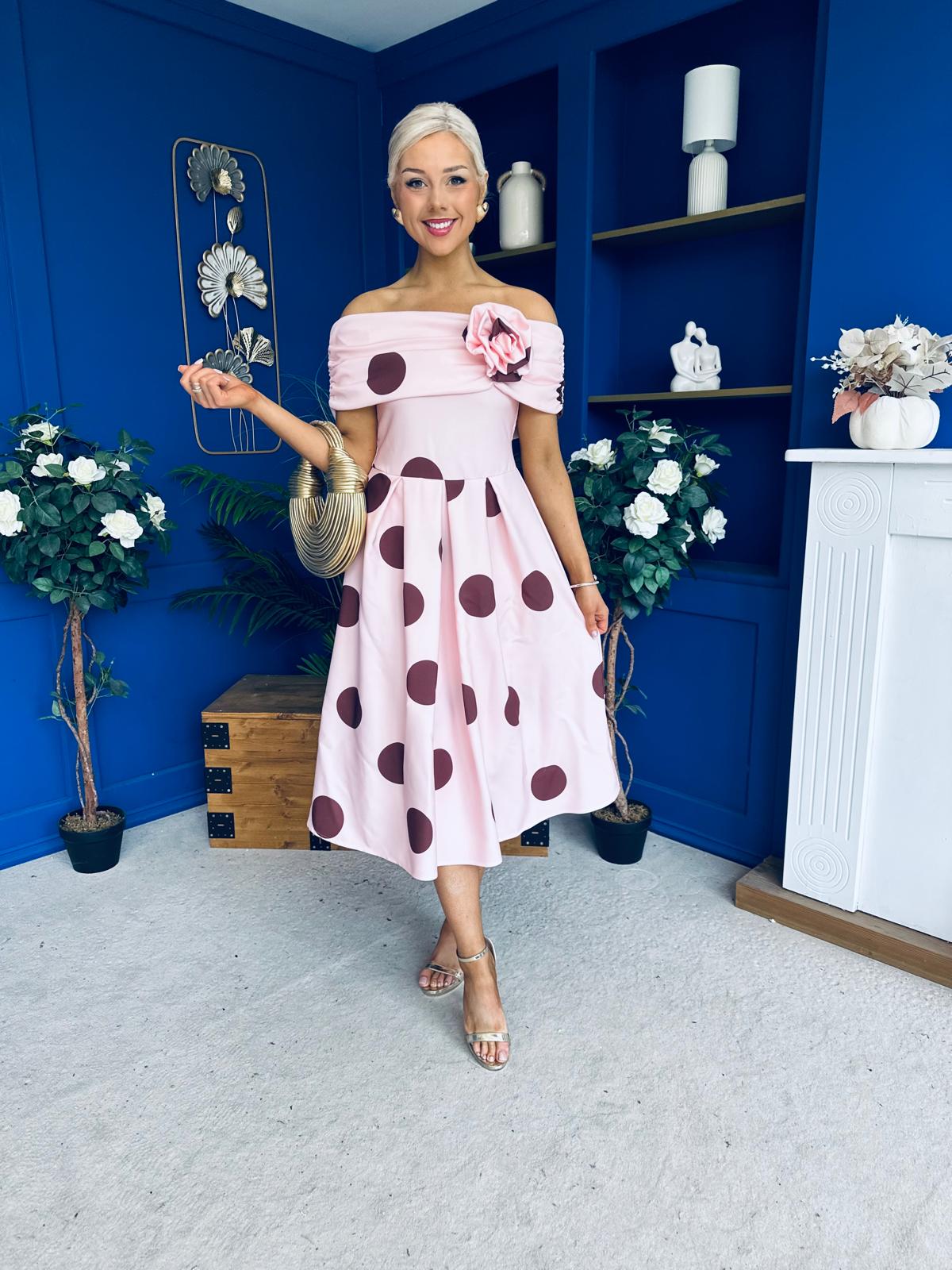 Willow Detailed Bardot Midi Dress Coco Polka Blush