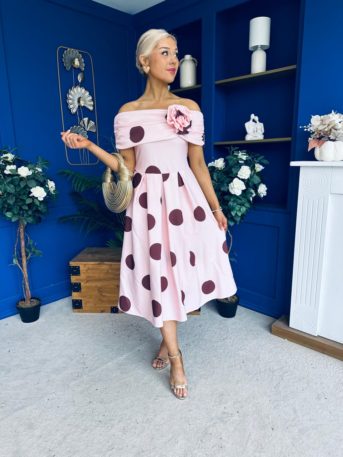 Willow Detailed Bardot Midi Dress Coco Polka Blush