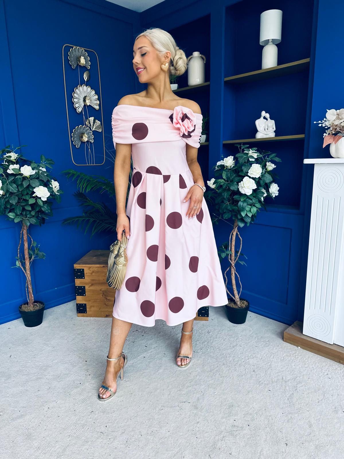 Willow Detailed Bardot Midi Dress Coco Polka Blush