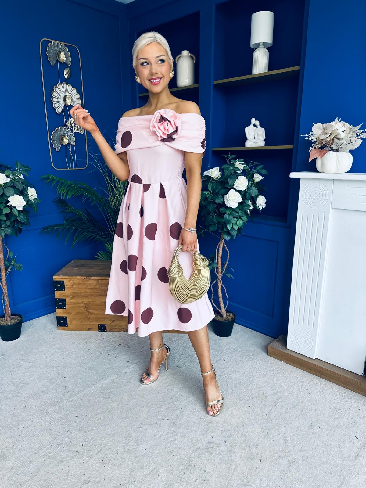 Willow Detailed Bardot Midi Dress Coco Polka Blush