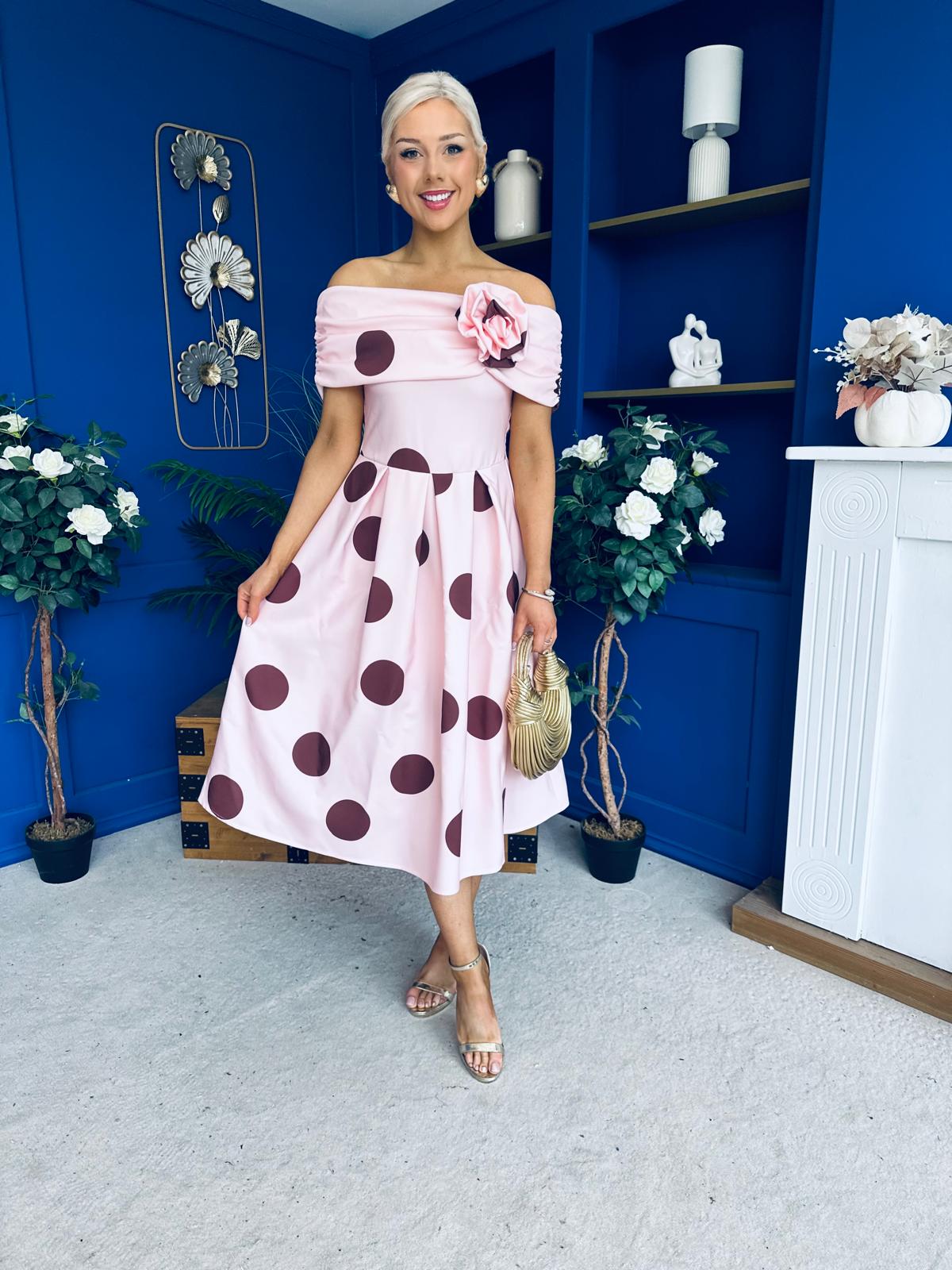 Willow Detailed Bardot Midi Dress Coco Polka Blush