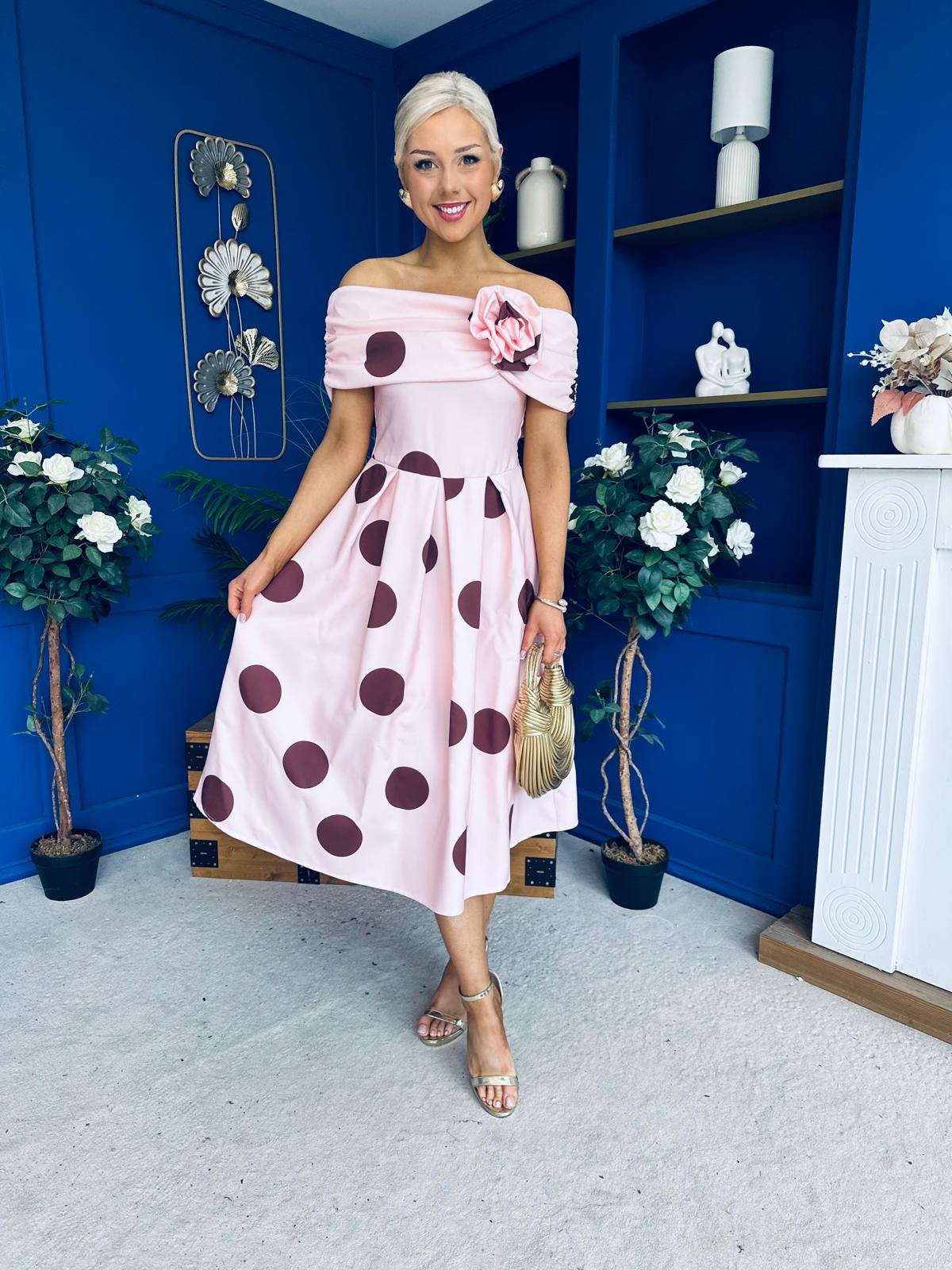 Willow Detailed Bardot Midi Dress Coco Polka Blush
