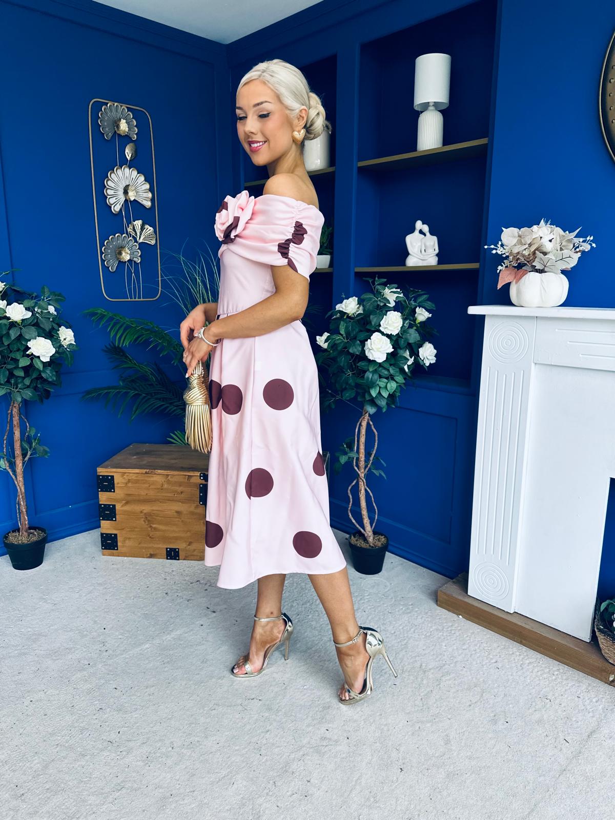 Willow Detailed Bardot Midi Dress Coco Polka Blush