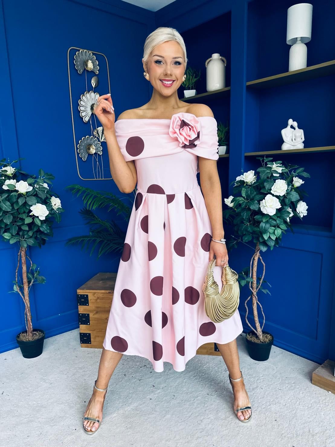 Willow Detailed Bardot Midi Dress Coco Polka Blush