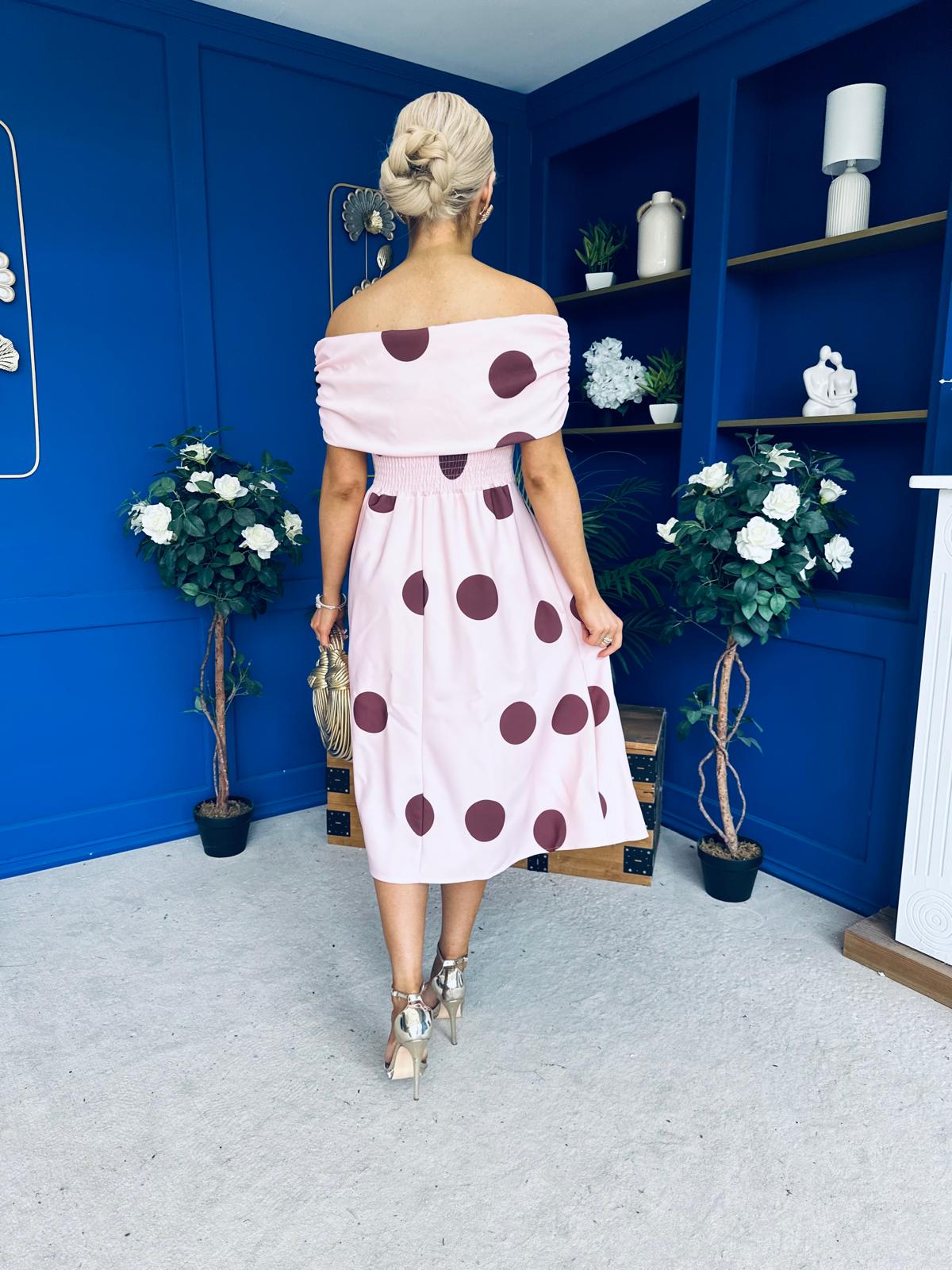 Willow Detailed Bardot Midi Dress Coco Polka Blush