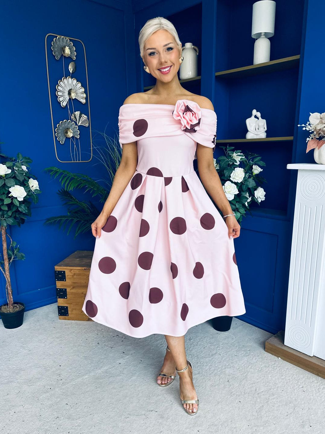 Willow Detailed Bardot Midi Dress Coco Polka Blush