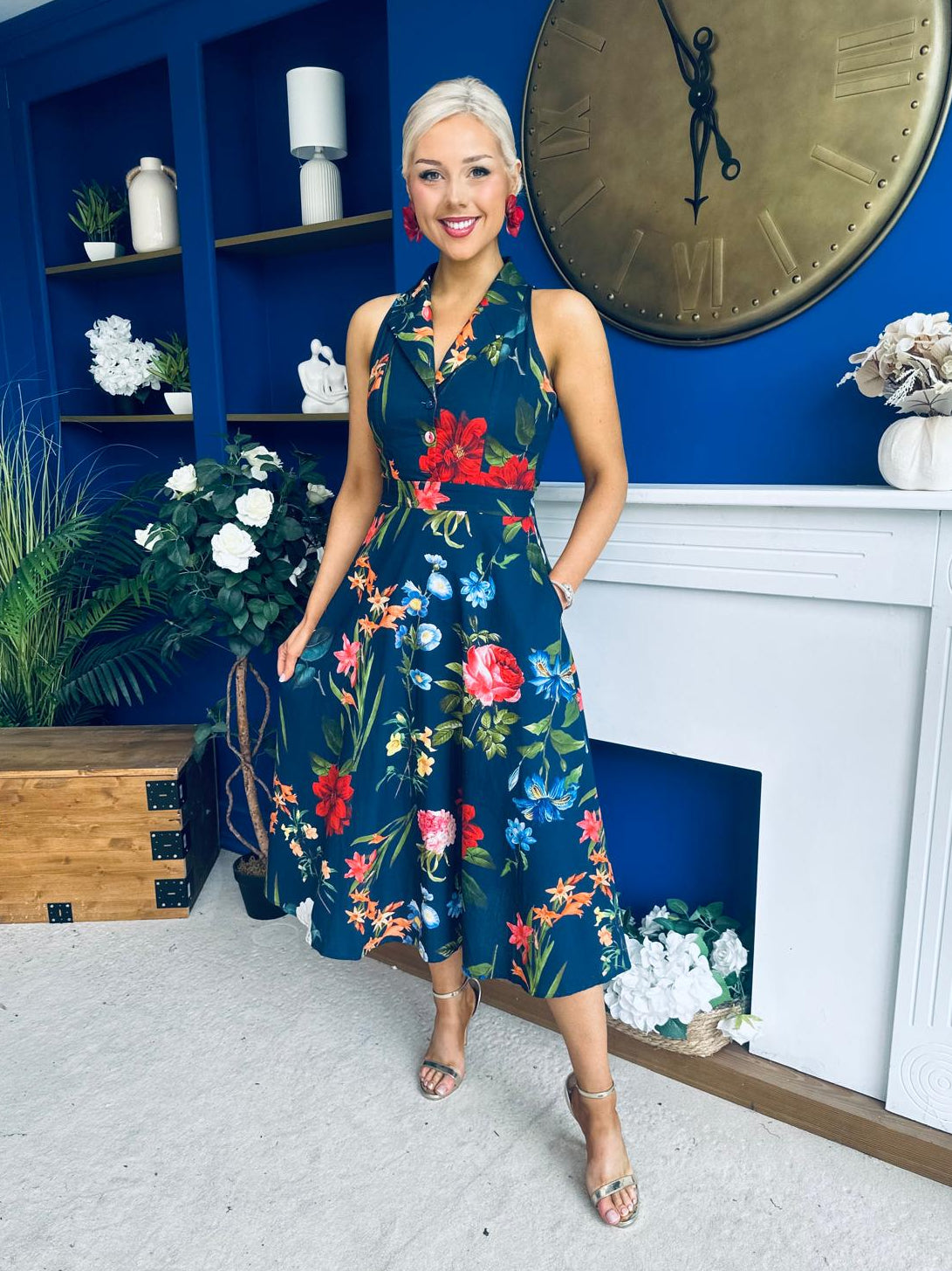 Bronwyn Detailed Midi Dress Floral Navy