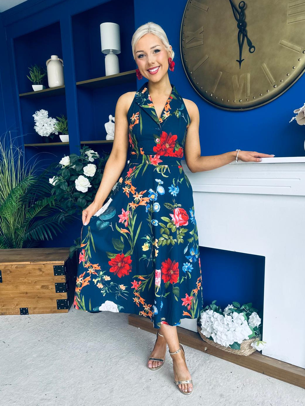 Bronwyn Detailed Midi Dress Floral Navy