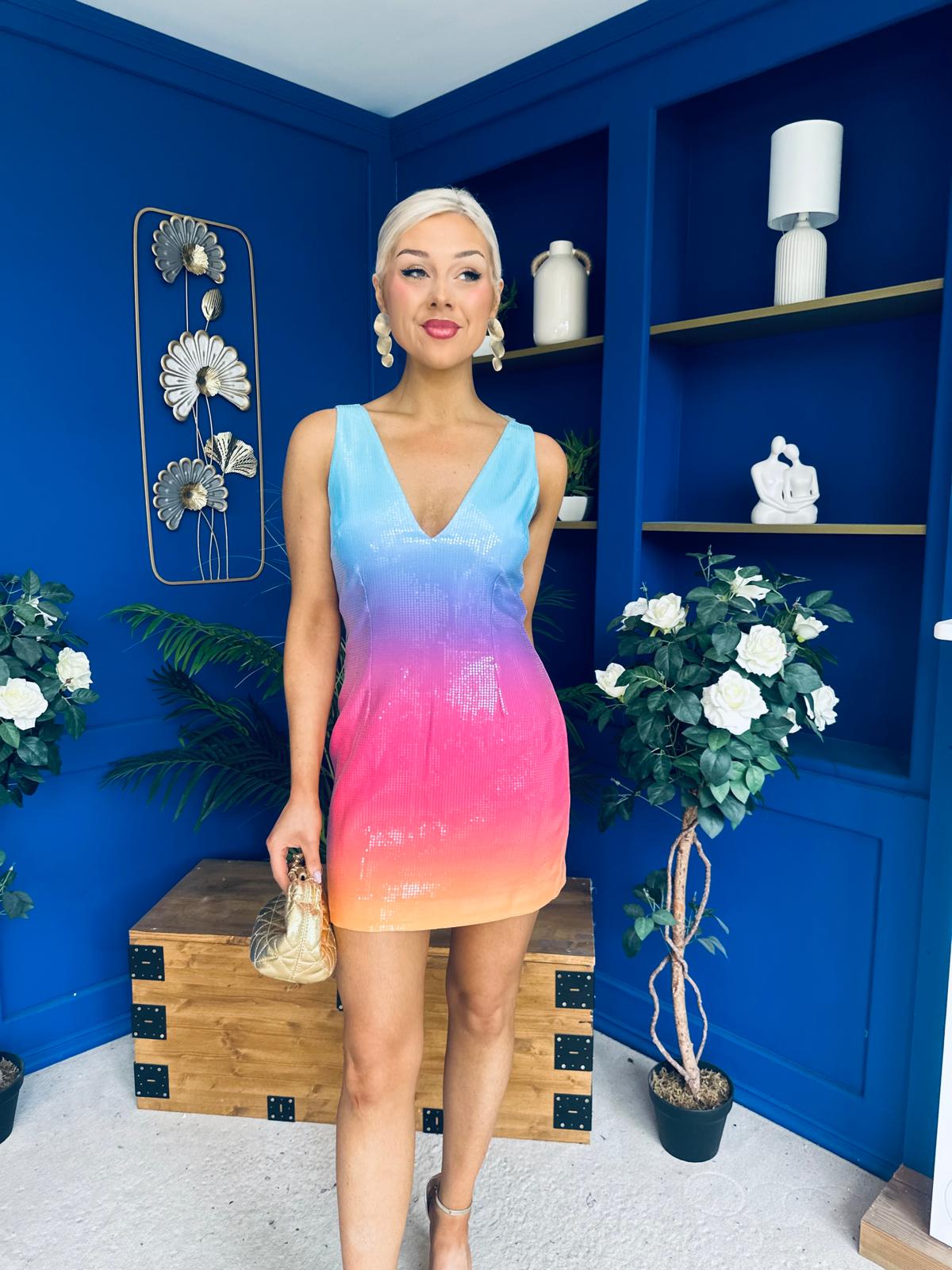 Elouise V Neck Ombre Sequin Mini Dress Sunset