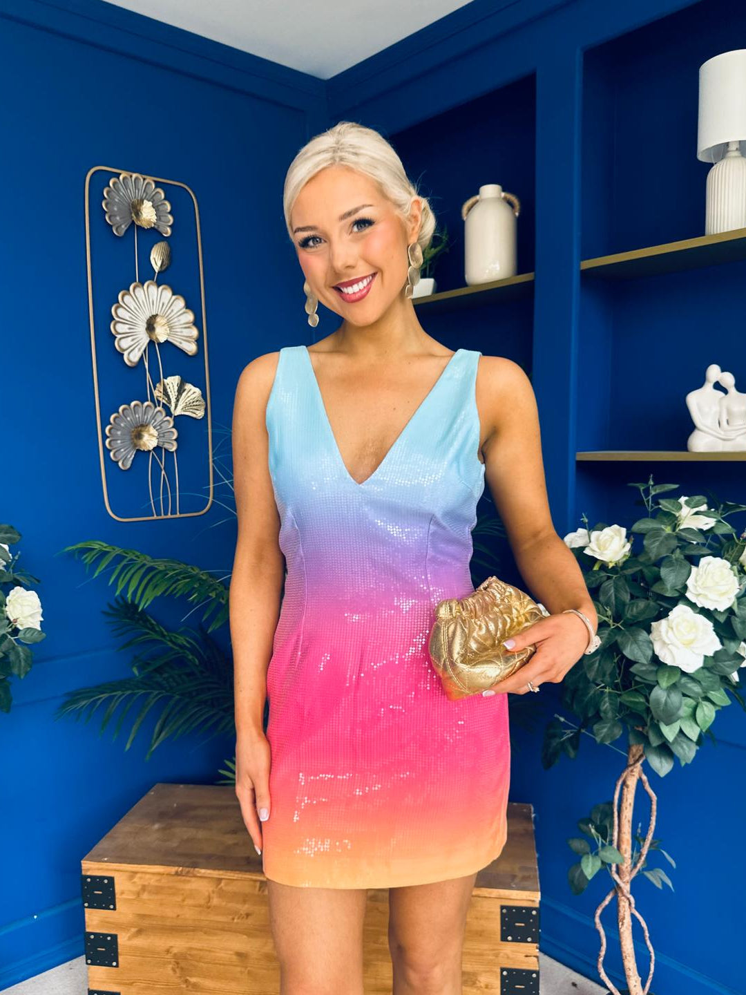 Elouise V Neck Ombre Sequin Mini Dress Sunset