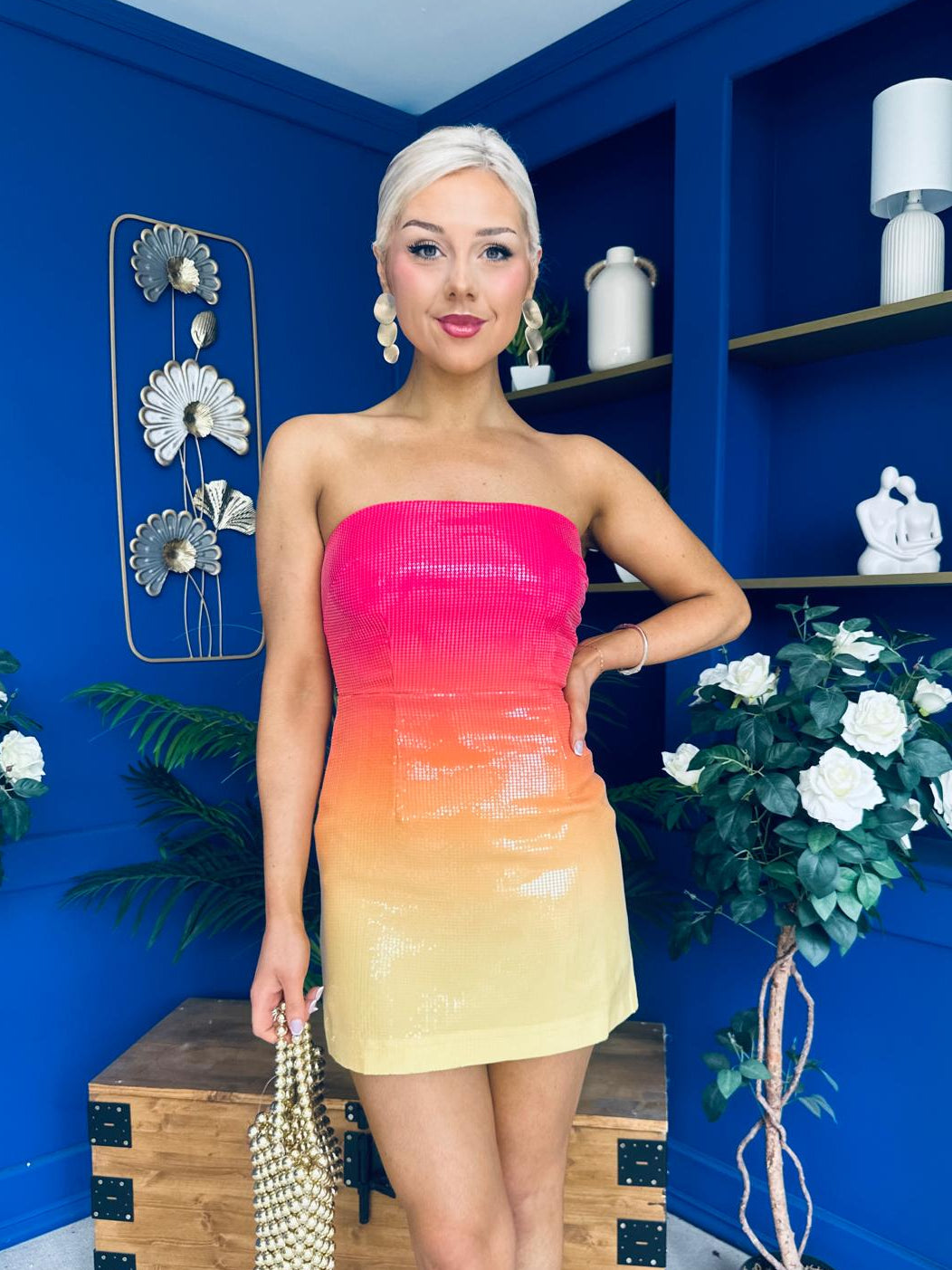 Tyra Bandeau Ombre Sequin Mini Dress Coral