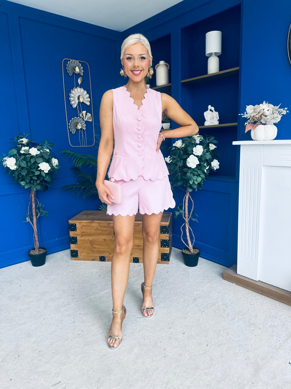 Ophelia Scallop Detail Waist Coat & Short Set Pink