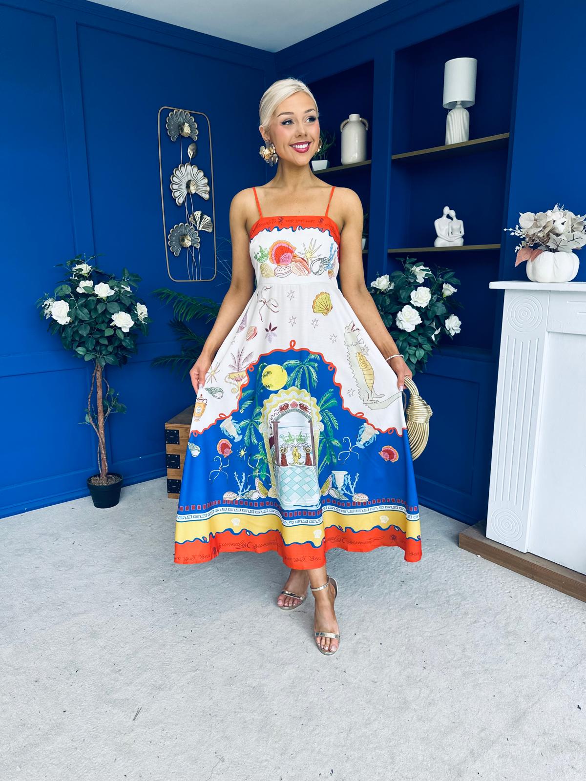 Bobbi Detailed Midi Dress Tropical Print