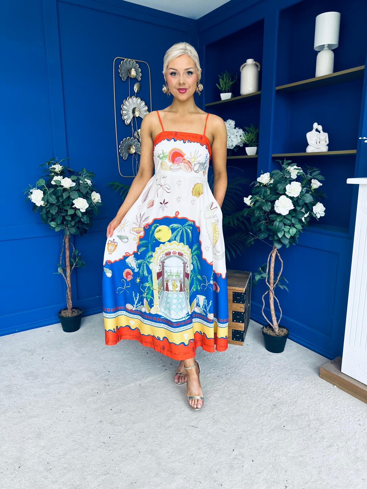 Bobbi Detailed Midi Dress Tropical Print