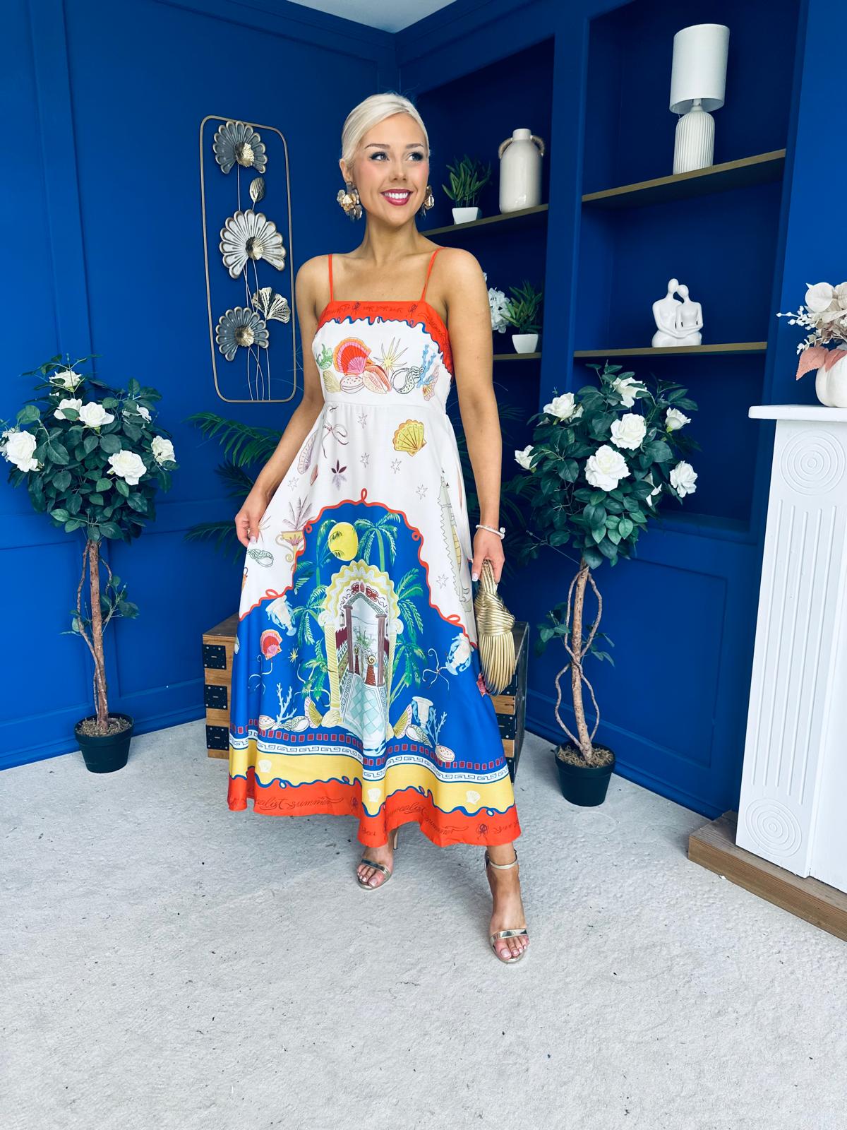 Bobbi Detailed Midi Dress Tropical Print