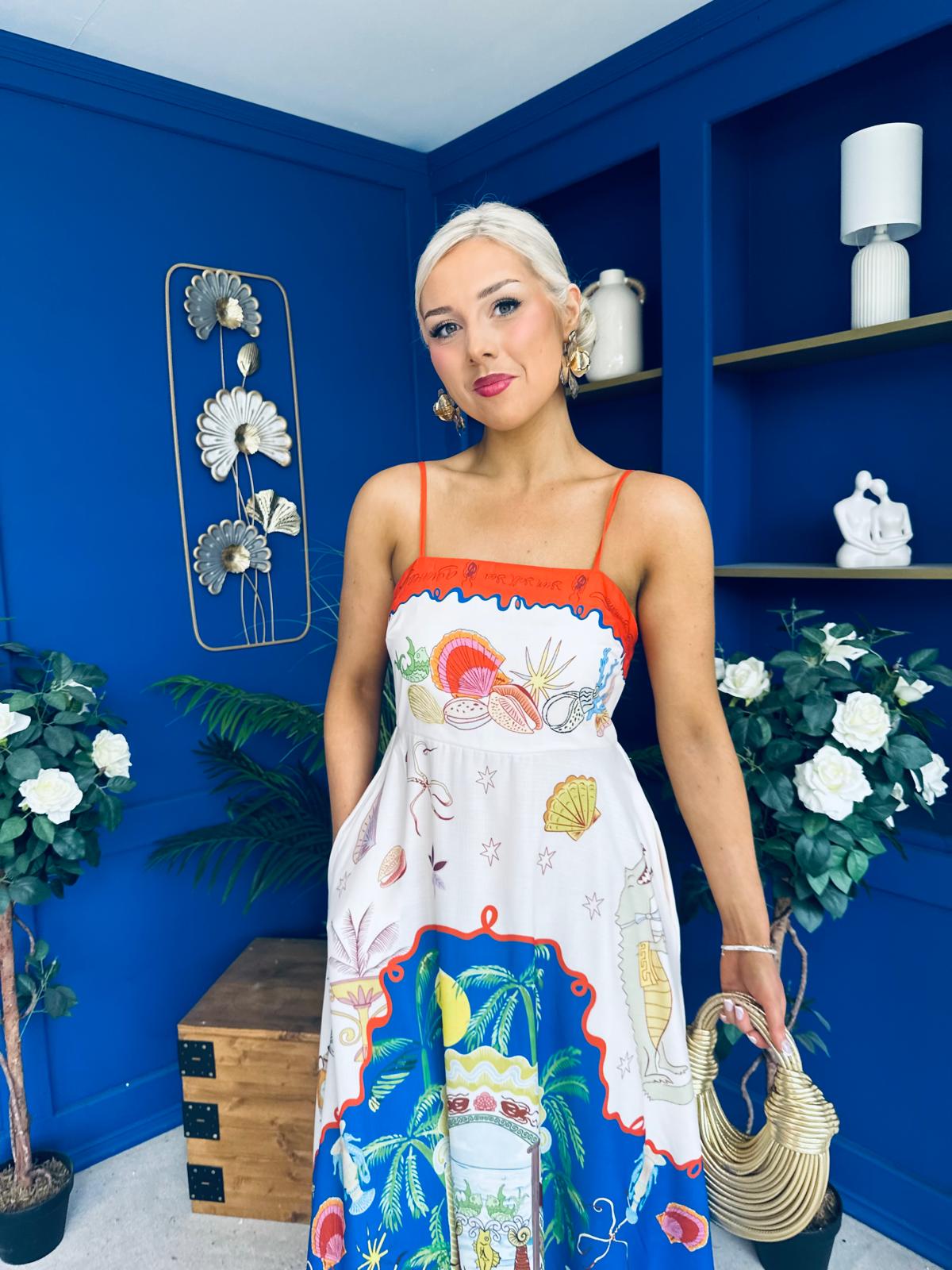 Bobbi Detailed Midi Dress Tropical Print