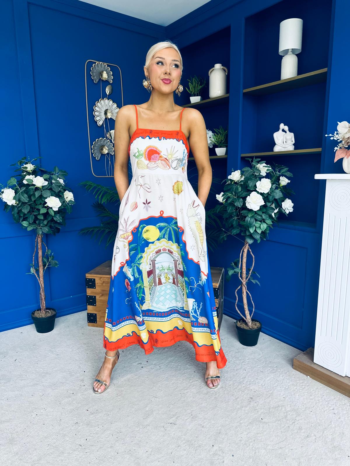Bobbi Detailed Midi Dress Tropical Print
