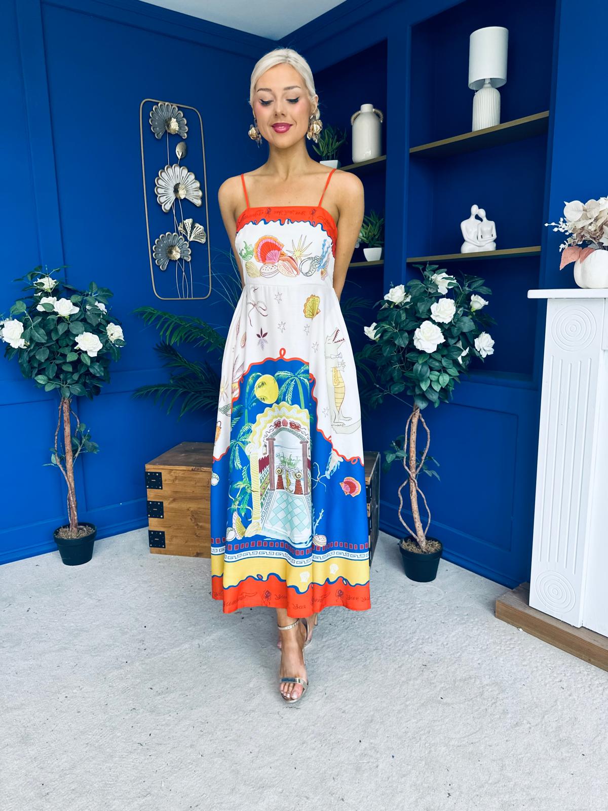 Bobbi Detailed Midi Dress Tropical Print