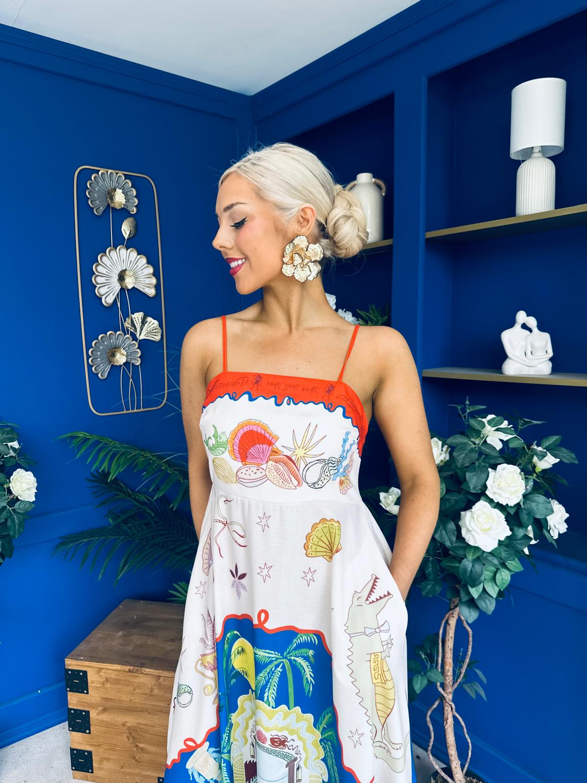 Bobbi Detailed Midi Dress Tropical Print