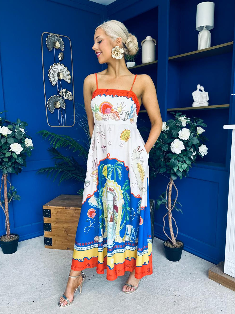 Bobbi Detailed Midi Dress Tropical Print