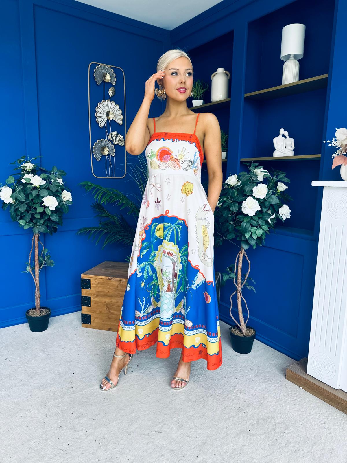 Bobbi Detailed Midi Dress Tropical Print