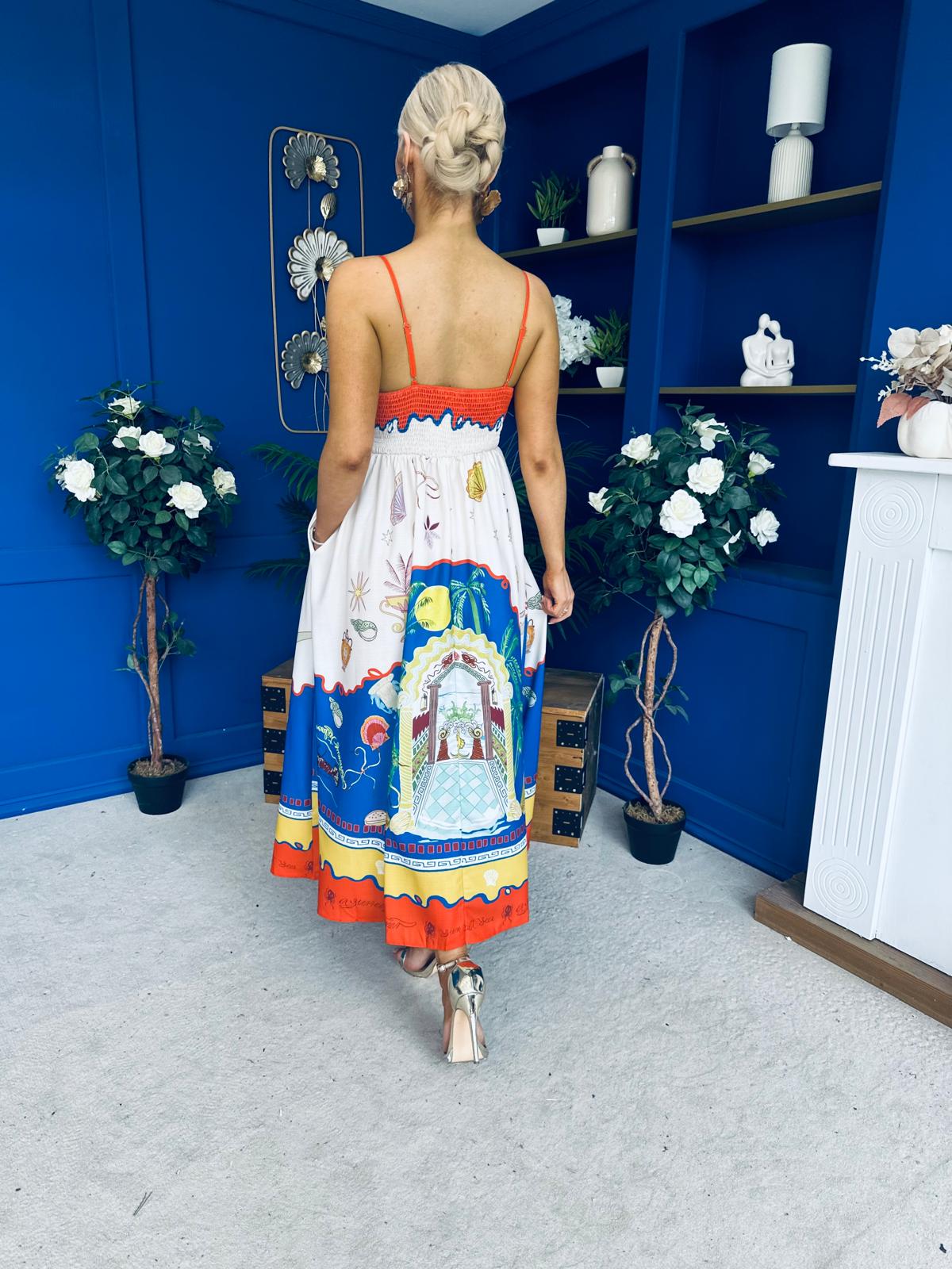 Bobbi Detailed Midi Dress Tropical Print