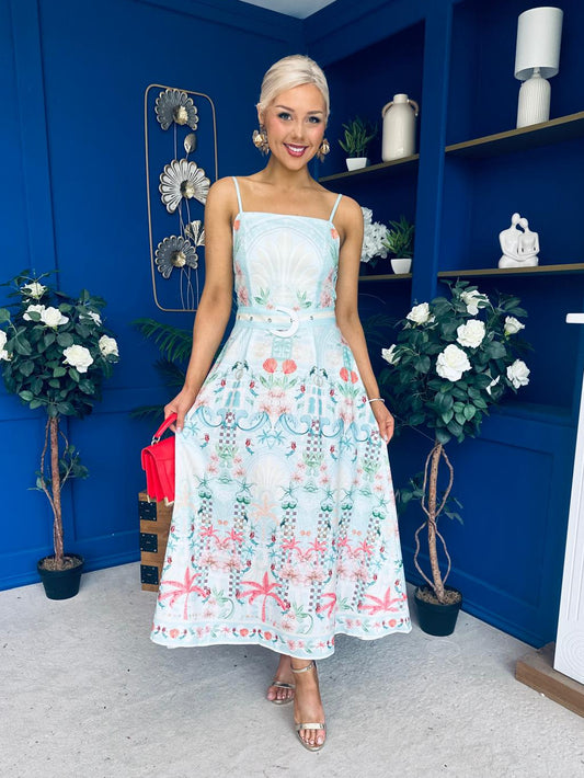 Sasha Detailed Midi Dress Mermaid Print
