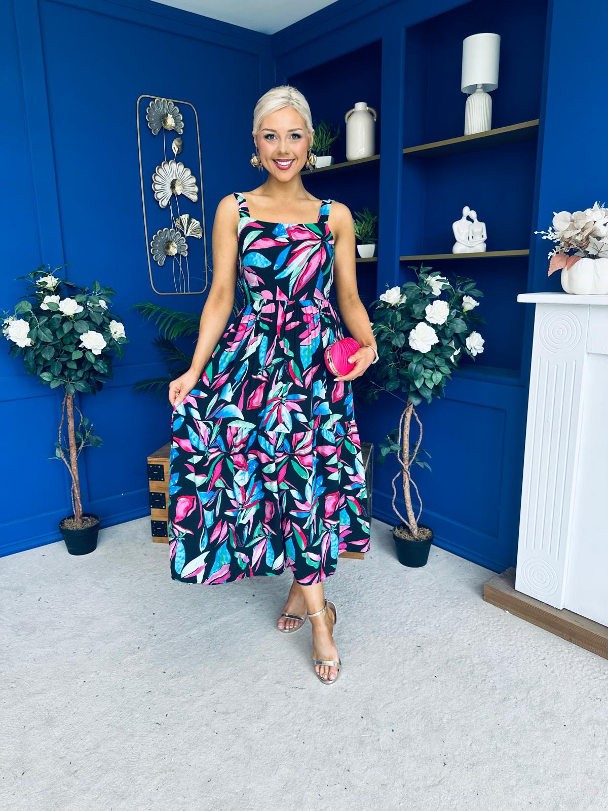 Divita Square Neck Midi Dress Floral Black