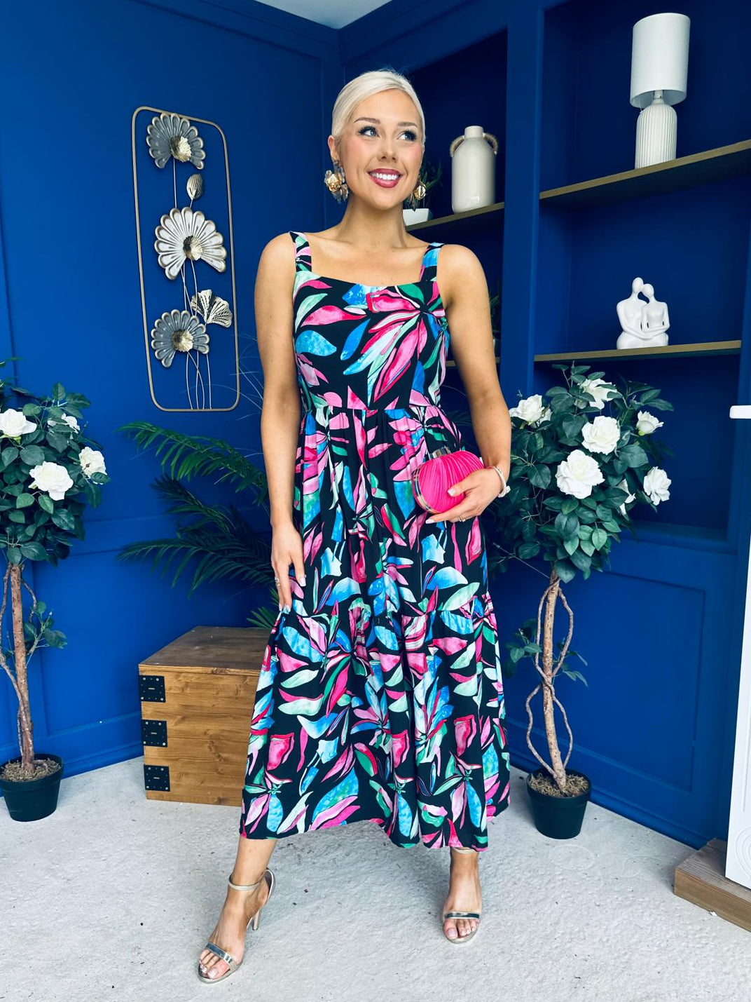 Divita Square Neck Midi Dress Floral Black