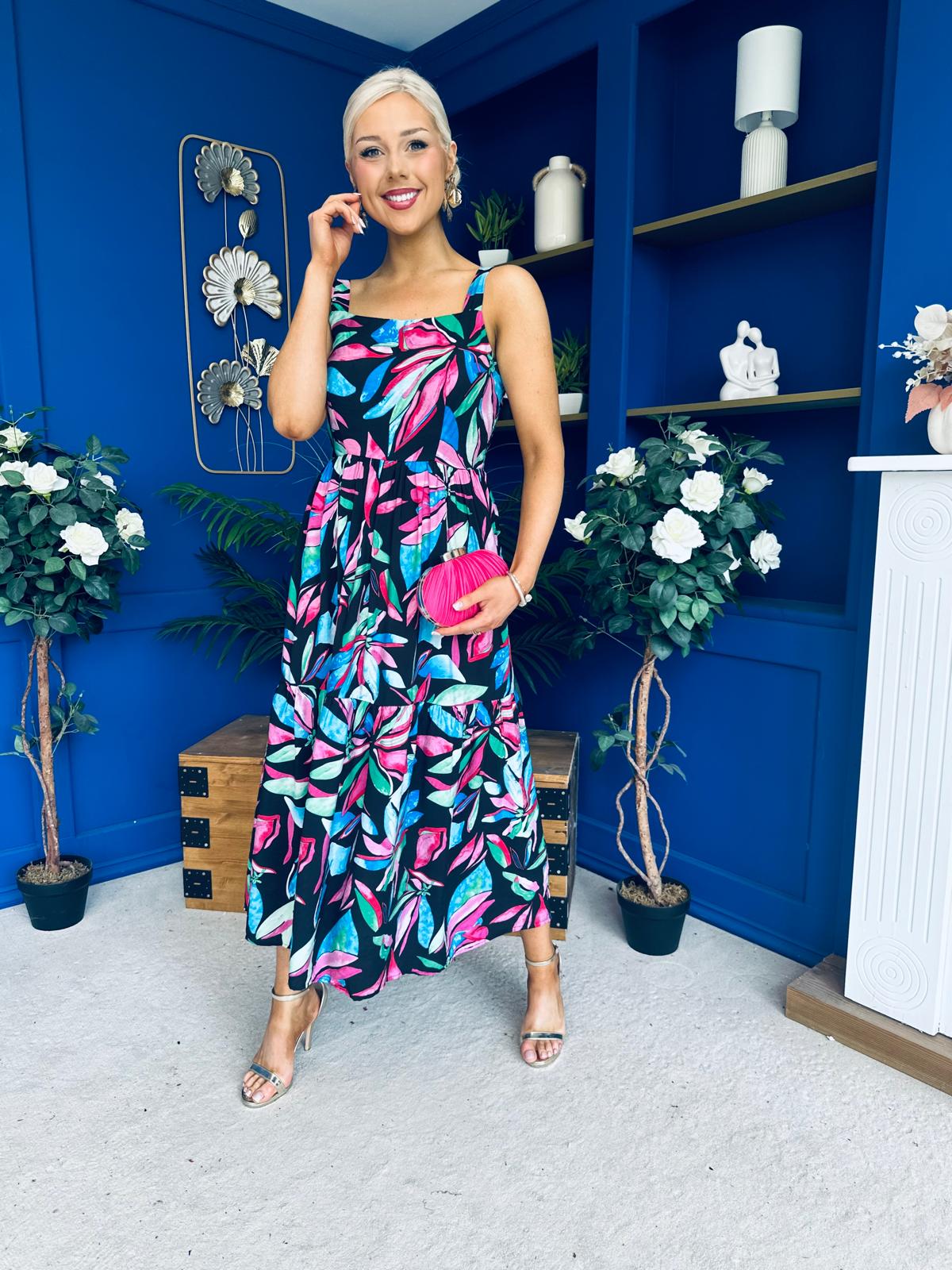 Divita Square Neck Midi Dress Floral Black