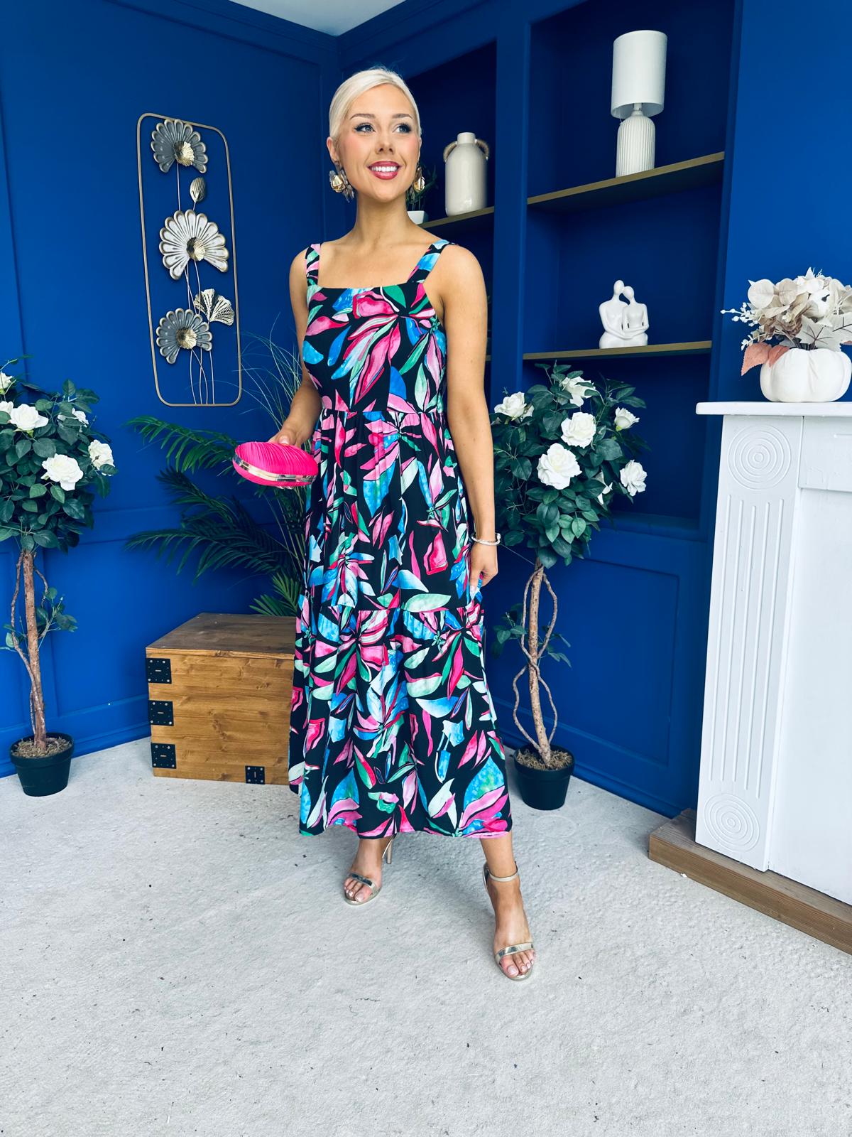Divita Square Neck Midi Dress Floral Black