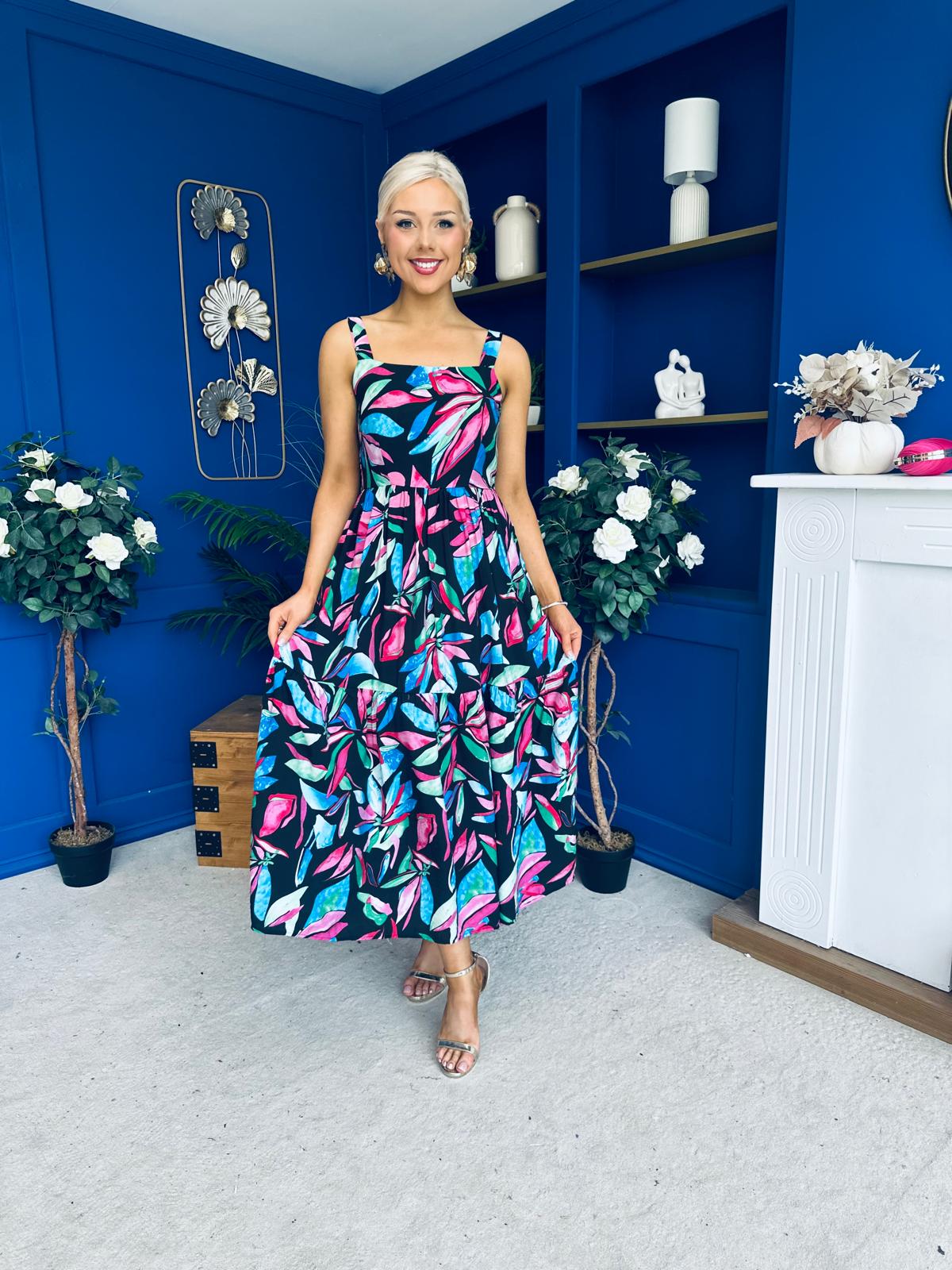 Divita Square Neck Midi Dress Floral Black